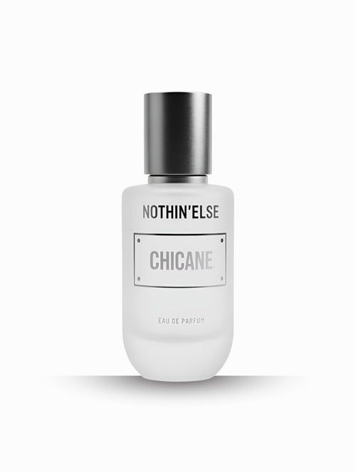 Perfume bottle labeled 'Nothin' Else Chicane' on a white background