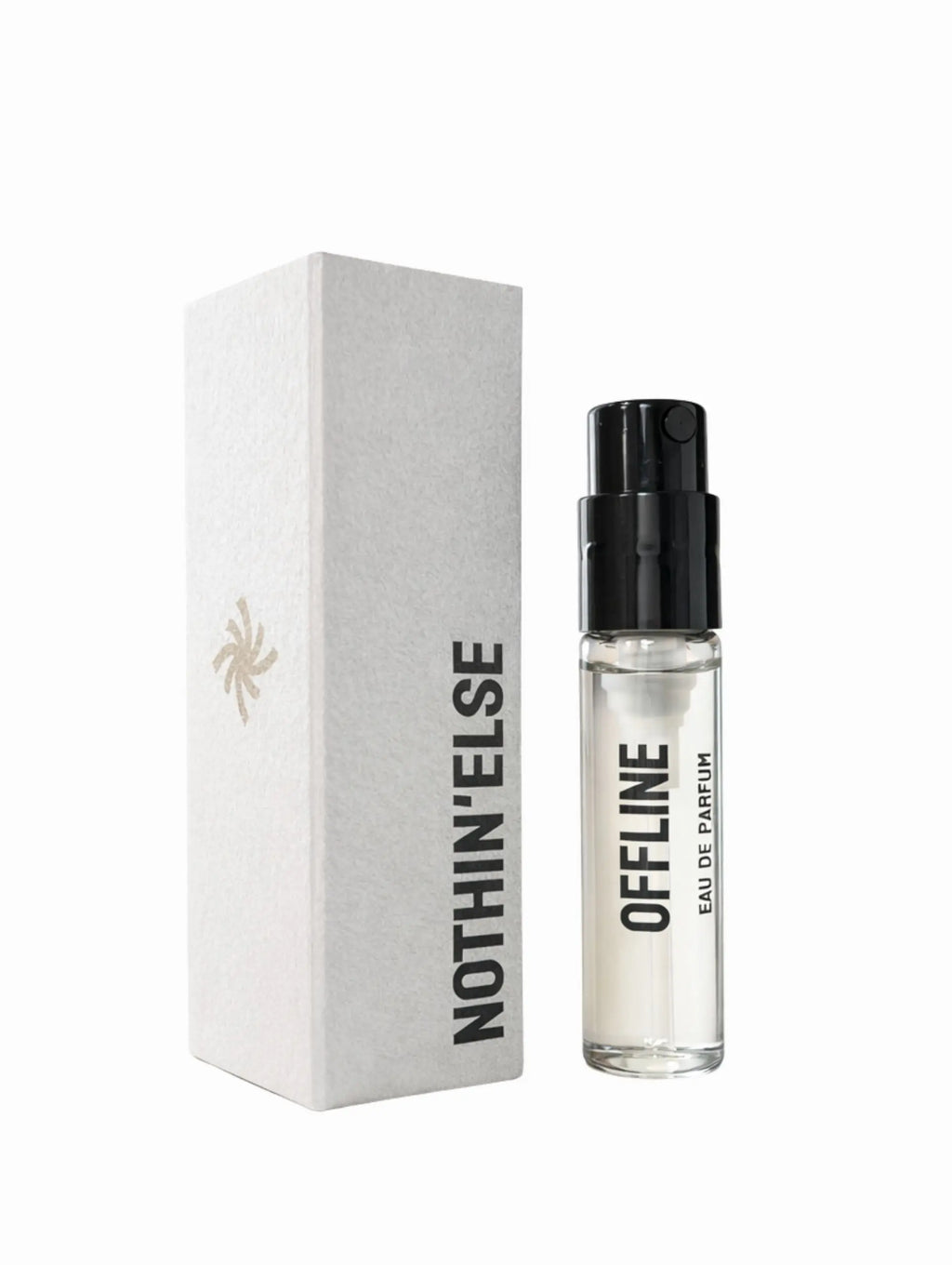 Perfume bottle labeled Nothin'else 'Offline' with packaging on a white background