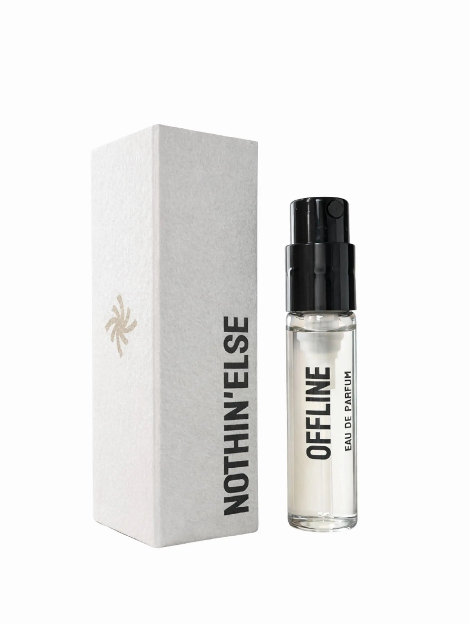 Perfume bottle labeled Nothin'else 'Offline' with packaging on a white background