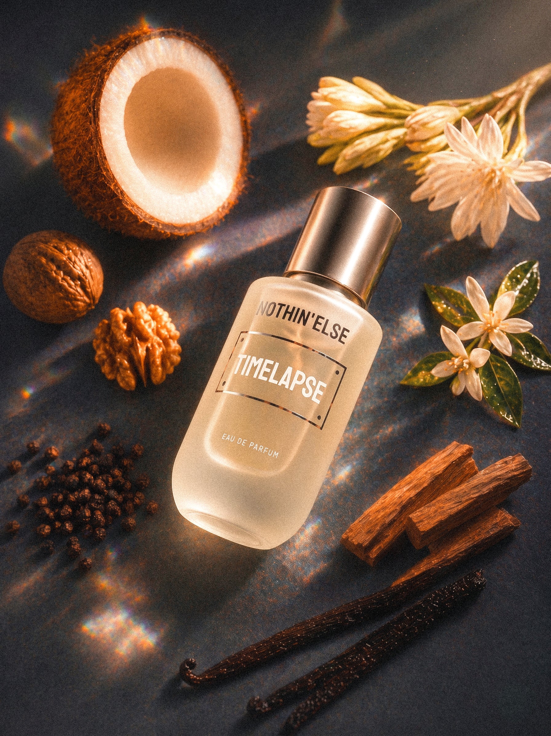 Nothin'else Timelapse surrounded by its own notes. Cashmeran, Tuberose, Sandalwood, Coconut, Vanilla, Chestnut, Orange blossom